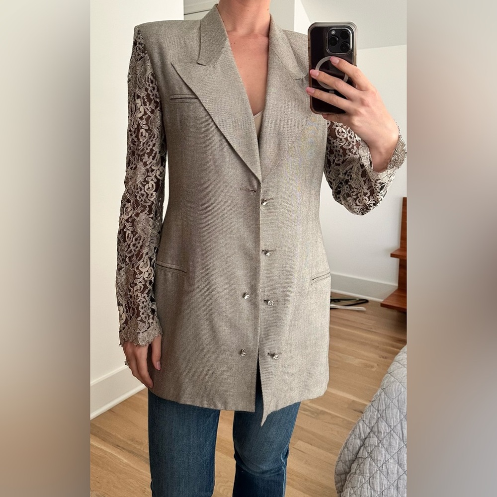 Vintage Blazer with Lace Sleeve and Rhinestone Buttons
